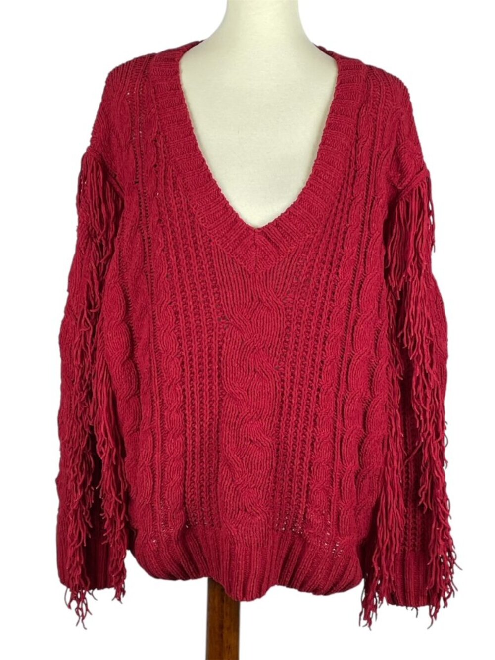 Daytrip Fringe Velour Sweater Sz L Plunge Boho Chic Maximalist Lagenlook Western